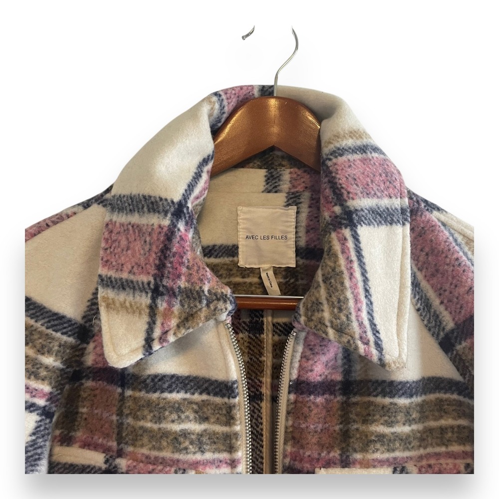 Avec Les Filles Plaid Zip Front Jacket Pink Cream Brown Shacket Women's Medium - Picture 2 of 6